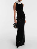 Autumn And Winter Home Fashion Sexy Design Knitted Neck Necklace Dew Back Velvet Dress Dress
