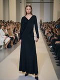 Temperament Commuting Style Dress 2025 Spring New V Collar Folded Asymmetric Waist Long Dress