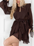 Lotus Leaf Side Solid Dress 2025 New Female Summer Round Lantern Sleeve With Belt Splicing Dress