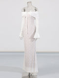 Temperament French Retro Wind Tailing Dress 2025 Summer Season New Word Shoulder Long-Sleeved Lace Hollow Dress