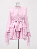 Lotus Leaf Side Solid Dress 2025 New Female Summer Round Lantern Sleeve With Belt Splicing Dress