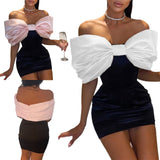Night Club Dress Bow Tight Body Dress Sexy Dew Women's Two Sets DJPT