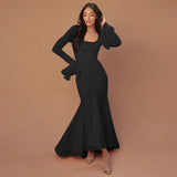 Sexy Square Collar Long-Sleeved Lotus Leafy Dress Woman 2025 Autumn Fashion Dress DJPT