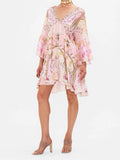 Niche Silk Silky Retro Court Print V Collar Horn Sleeves Loose Waist Small Flowing Dress