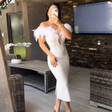 Women's Fashion Feathers Diamond Bandage Dress Party Elegant Temperament Dress Dress Dress