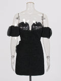 Folded Shoulder Three-Dimensional Flowers Splicing Short-Term Waist Small Dress 2025 Summer New Dress Woman