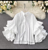 Shirt Women Wish Multi-Layer Lotus Side Horn Sleeve Shirt Loose Set Small Collar Top DJPT