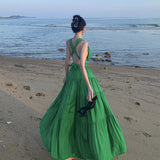 V-Necked With Hanging Neck Dress Female Seaside Holiday Sexy Bare Back Open Fork Showing Lean Long Skirt