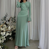 Temperament Micro-Trumpet Folded Cross Superimposed Tying Belt Girded Waist Dressing Spliced High-Waisted Dress