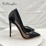 2025 New Breathable Mesh Drill High Heels 12CM Tip Finger Fine Heeled Women's Shoes High Quality Shoes