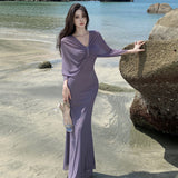 Design Pure Luster Brae-Shaped Shoulder Dress Studded Temperament Banquet Seaside Holiday Dress