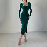 2025 New Solid-Color Long-Sleeved Bag-Pupled With Open-Fork Elastic Dress