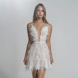 And Winter New Women's Sexy Bareback Party Dress To Close The Waist Deep V Feathers Sling Skirt