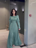 2024 Court Style Bubble Collar Wood Ear To Collect Waist Solid Color Long Sleeve Dress