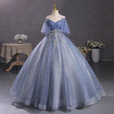 Gray-Blue Temperament Beautiful Solo Performance Costume Student Vocal Art Canopopy Skirt Annual Meeting Host Evening Dress