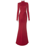 Women's High-Necked Long Sleeve Pad Shoulder-Scratted Tossed Fishtail Skirt DJPT
