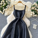 A line Straps Black Satin Holiday Dresses Midi Length Women's Dress SD1272