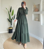 Women's Autumn Round-Neck Long-Sleeved Single Buckle High-Waisted Splicing Dress