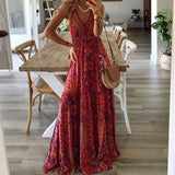 2025 Bohemian New Sling Dress High-Waist V-Neck Print Floral Dress Women's Dress DJPT