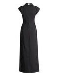 Summer New Fashion High Street Wind Flip-Neck Flying Sleeve Tie Design Nail Drill Open Dress Dress Woman