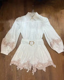 Australian Vintage Lantern Sleeve Flower Embroidered White Shirt + High-Rise Thin Belt Shorts Set