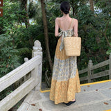 Summer Dress New Seaside Holiday Wind Loose Sling V Tie Print Splicing Dress Dress Waist And Ankle