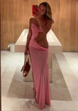 Belt Hollow Open Fork Dress Women's Solid Color Sexy Body Repair Chest High Waist Dress 8111 HZ0628