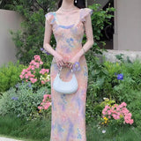 Oil Painting Pink Dress Women's New Summer Temperament To Collect Waist Thin Sling Skirt Holiday Long Broken Floral Dress HZ0628