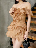 Holiday Wind Shoulder Short Dress 2025 New V Collar Shoulder Lotus Side Flower Dress Female High Sense