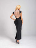 New Hot Solid Color Back Hollow Pearl Bandape Skirt Fashion Temperament Elegant Evening Dress