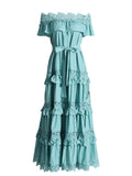 Court Style 2025 New Heavy Industry Lotus Leaf Side Shoulder Shoulder Lace Dress Solid Color Dress Woman