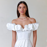 Women's High Open Commuting Dinner Dress A Word Shoulder Dress With Chest Lotus Leaf Side Dress