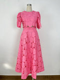 Spring And Summer Embroidery Hollow Round Horn Short Top + Holiday Water-Soluble Lace Skirt Dress Suit
