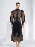 Early Spring And Autumn New Collar Embroidery Embroidery Process Single Buckle Waist Long Dress Woman