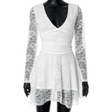 Women's Clothing V-Neck Dew Back Lace Fabric Splicing Elegant Short Skirt DJPT