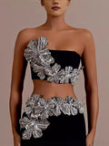 Fashion Heavy Industry Braided Flower Diamond Bag Bandage Long Skirt Party Two-Piece Dress