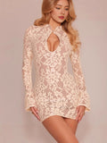 Sister Pure Desire To Sexy V-Neck Hollow Lace Long-Sleeved Mini Short Dress Women Autumn And Winter Harvest Thin-Butbum Dress
