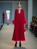 Selling Explosion Famous Wind 2025 Spring New Round Collar Studded Hundred Folded Ostrich Hair Pure Color Dress