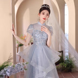 Evening Dress Dress Light Luxury Small High-End Temperament Blue Birthday Princess Dress Adult Ceremony Host Fluffy Skirt