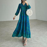 Women's Autumn New V-Necked Lantern Sleeve Print High-Waist Retro Long Dress
