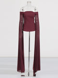 Famous Wind 2025 Summer New One-Word Shoulder Ribbon Sleeve Design Top + Folded Mesh Dress Suit Female