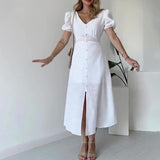 Women's Summer French V-Neck Bubble Bubble Sleeve High Waist Open Temperament With Long Dress