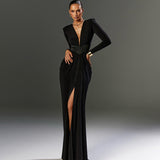 Women's Deep V With Long Sleeves High Open Fork And Sexy Dress DJPT
