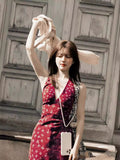 Luth's Same Red V-Neck Broken Flower Hanging Neck Sling Dress In The Middle And Long Summer Holiday Style Dress
