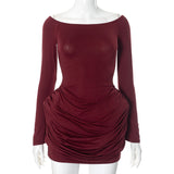 Women's Single-Word Shoulder Long Sleeves To Receive Waist Elegant Skirt DJPT