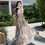Retro Oil Painting Smashed Flowers To Take The Sling Dress To The Waist Dress Seaside Holiday Showback Beach Dress Woman