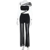 Sexy Mesh Splicing Braid Broad Leg Trousers 2025 New Hollow Perspective Women's Clothing DJPT
