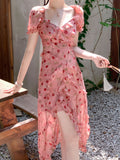 Sheath V Neckline Ruffled Pink Chiffon Floral Beach Dress Women's Vacation Dresses SD1138