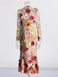 Retro-Colored Floral Embroidery Design For The Summer Of 2025 New Round-Neck Long-Sleeved Heavyweight High-Waisted Dress Woman