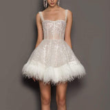 Autumn Women's Dress Party Sexy Wrapped Breasts Sling Skirt Feathers